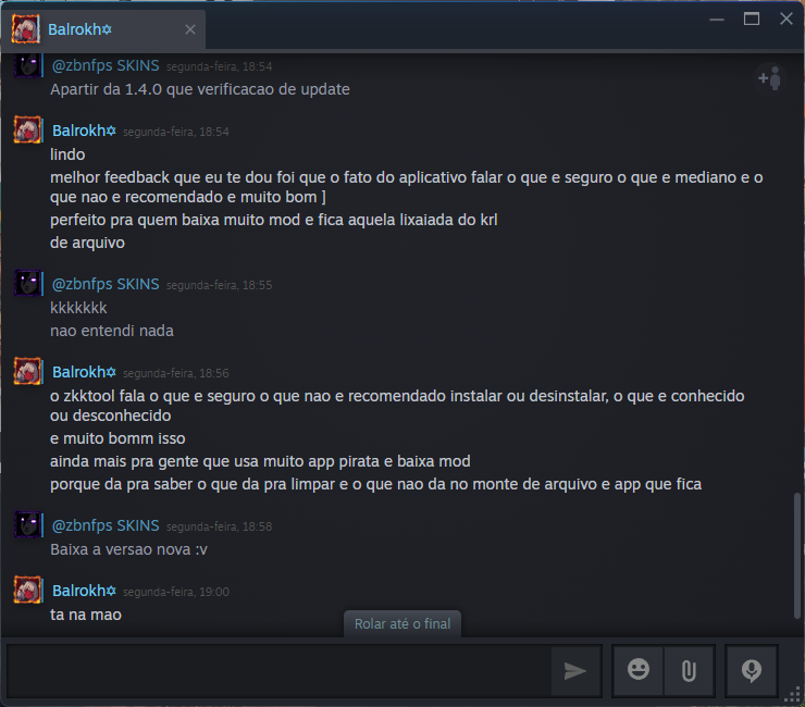 Feedback de Balrokh no Steam sobre o zkkTools