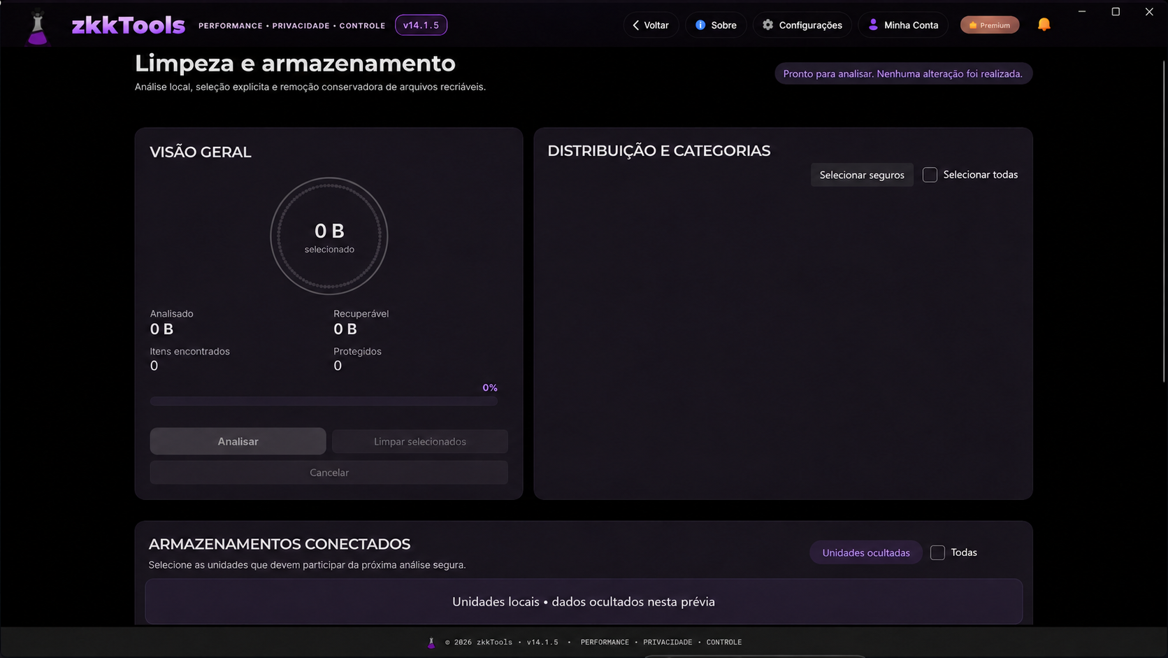 Captura real da tela de Limpeza do zkkTools versão 14.1.5; dados das unidades e do computador estão ocultados.