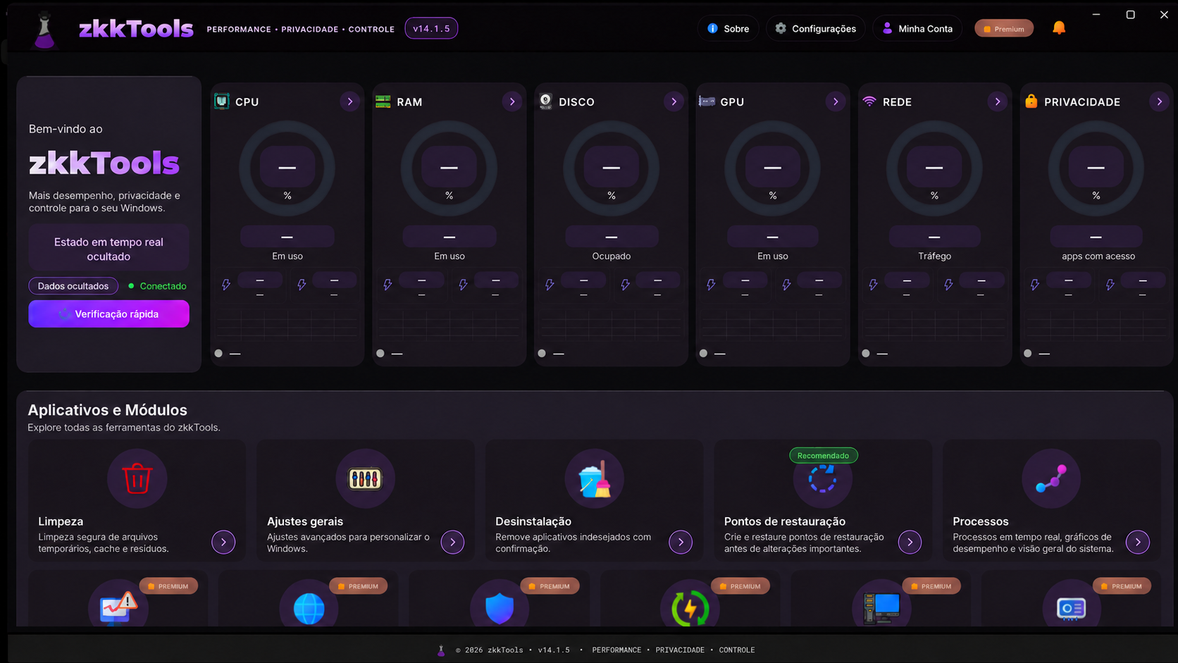 Captura real do painel do zkkTools versão 14.1.5, com leituras desta máquina ocultadas.